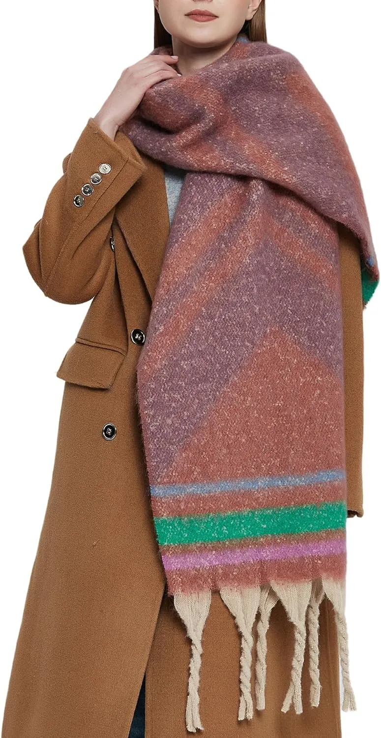 Women's Large Chunky Plaid Scarf Coloured Checked Oversized Scarf Tassel Soft Fall Winter Thick Warm Shawl