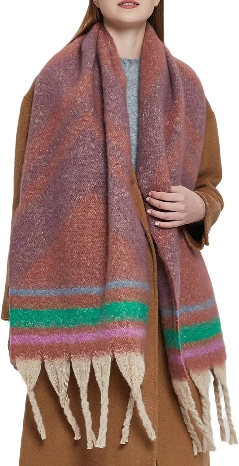 Women's Large Chunky Plaid Scarf Coloured Checked Oversized Scarf Tassel Soft Fall Winter Thick Warm Shawl