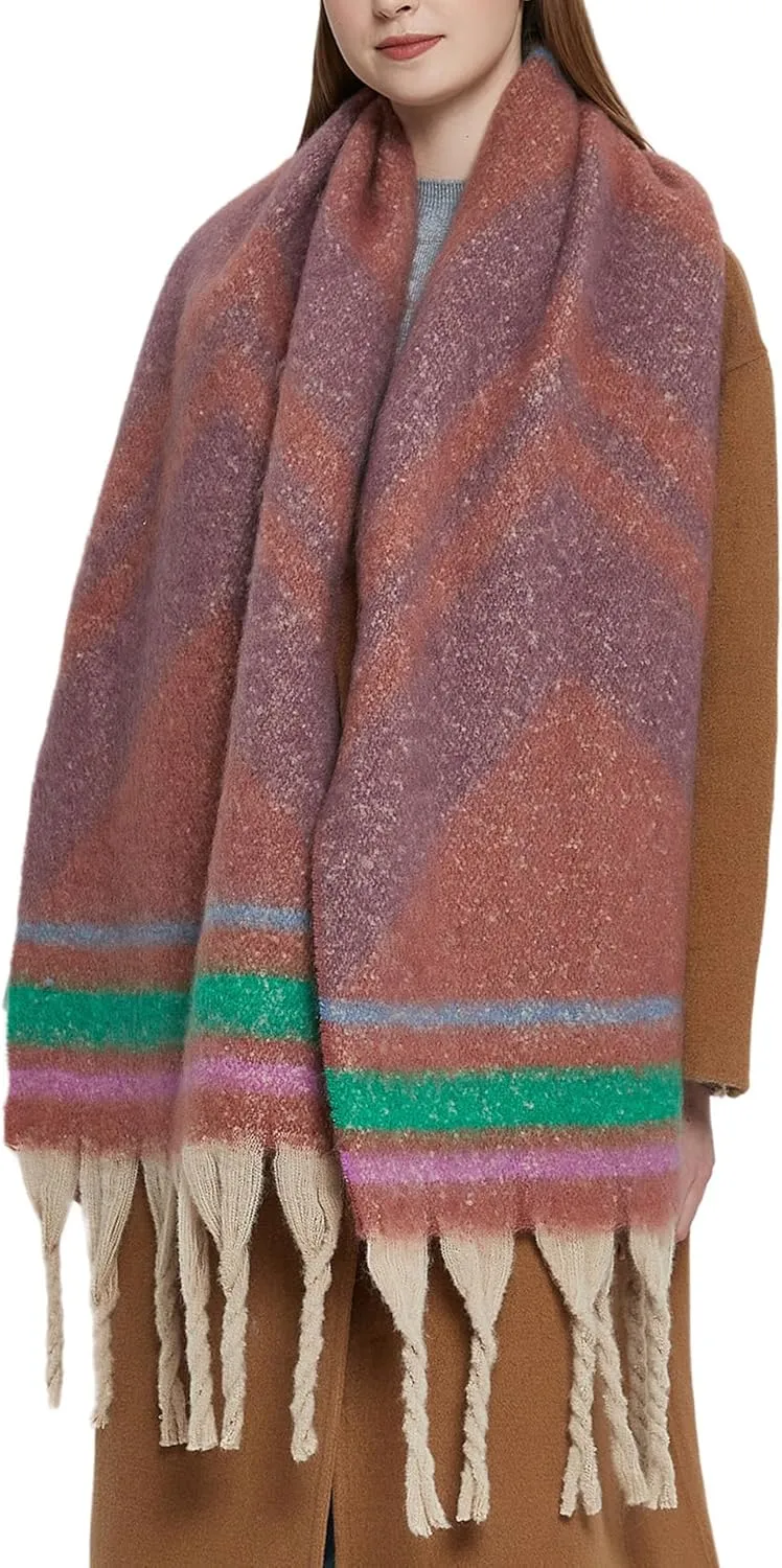 Women's Large Chunky Plaid Scarf Coloured Checked Oversized Scarf Tassel Soft Fall Winter Thick Warm Shawl