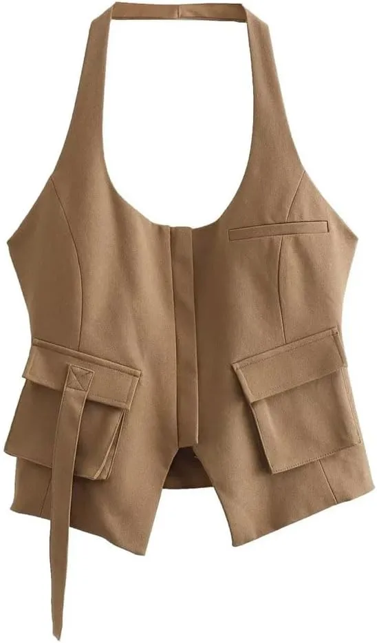 Women's Personalized Backless Halter Vest Edgy Zipper Crop Tops Sexy Sleeveless Versatile Vest