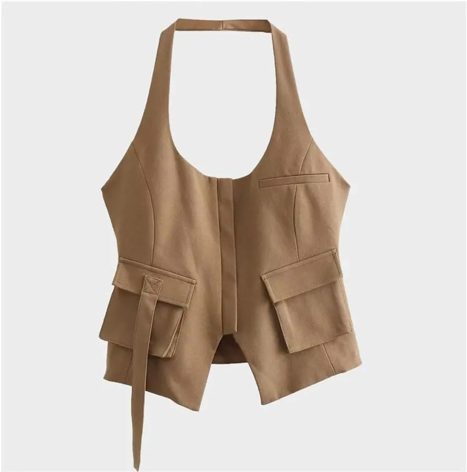 Women's Personalized Backless Halter Vest Edgy Zipper Crop Tops Sexy Sleeveless Versatile Vest
