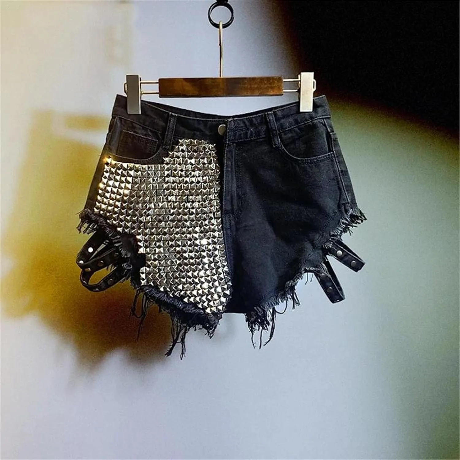 Womens Punk Rivet Denim Shorts High Waist Vintage Goth Rock Spring Summer Edgy Hot Pants