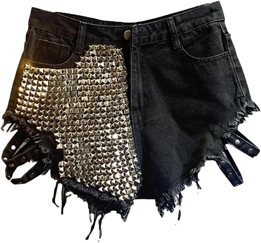 Womens Punk Rivet Denim Shorts High Waist Vintage Goth Rock Spring Summer Edgy Hot Pants