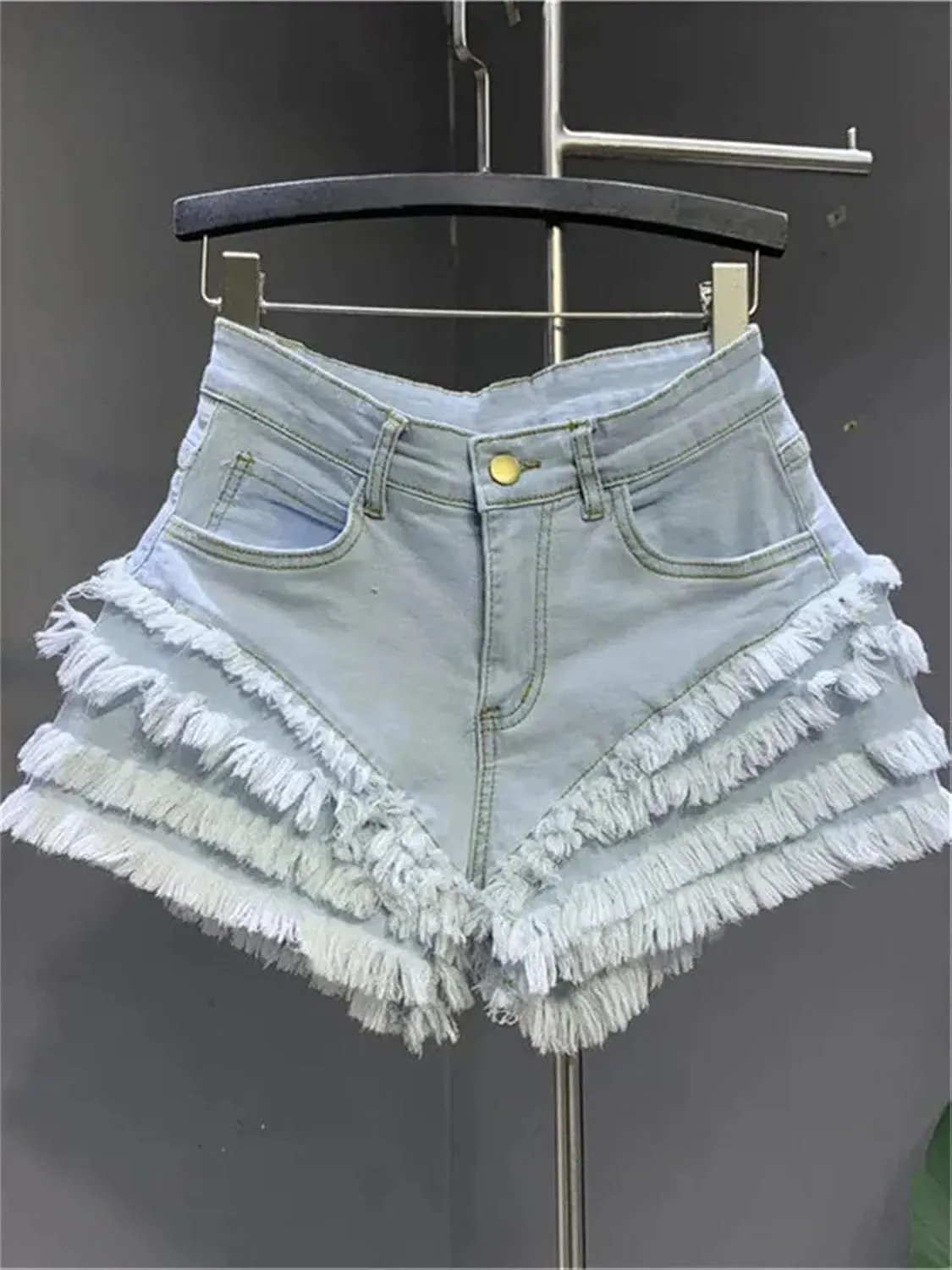 Womens Punk Rock Spring Summer Denim Shorts Metal Studs Edgy High Waist Ripped Hot Pants