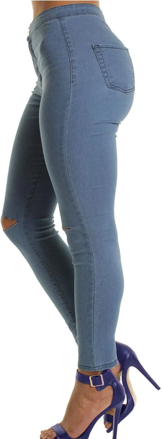 Womens Ripped Knee Jeans Slit Knee Mid Waist Jeans Knee-Ripped Stretchy Pencil Denim Pants Distressed Skinny Jean