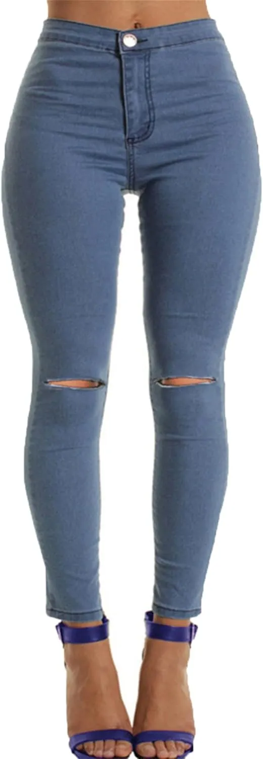 Womens Ripped Knee Jeans Slit Knee Mid Waist Jeans Knee-Ripped Stretchy Pencil Denim Pants Distressed Skinny Jean