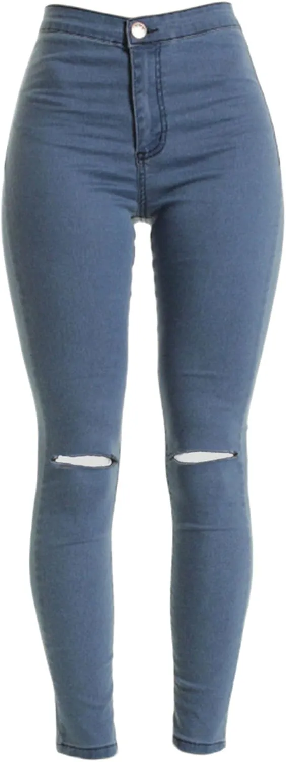 Womens Ripped Knee Jeans Slit Knee Mid Waist Jeans Knee-Ripped Stretchy Pencil Denim Pants Distressed Skinny Jean