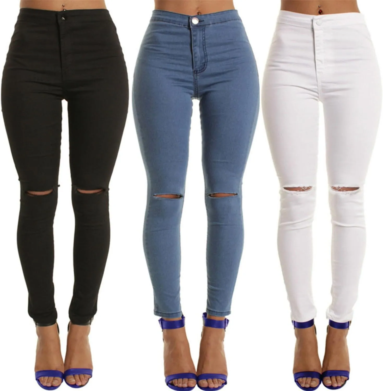 Womens Ripped Knee Jeans Slit Knee Mid Waist Jeans Knee-Ripped Stretchy Pencil Denim Pants Distressed Skinny Jean