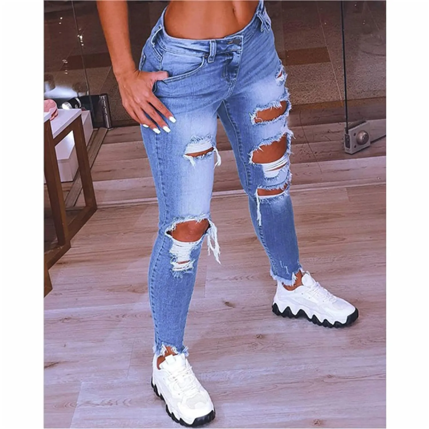 Women's Skinny Slim Fit Ripped Jean Distressed Boyfriend Jean Super Stretchy Comfy Classic Straight Denim Pant with Hole (Medium,Light Blue)