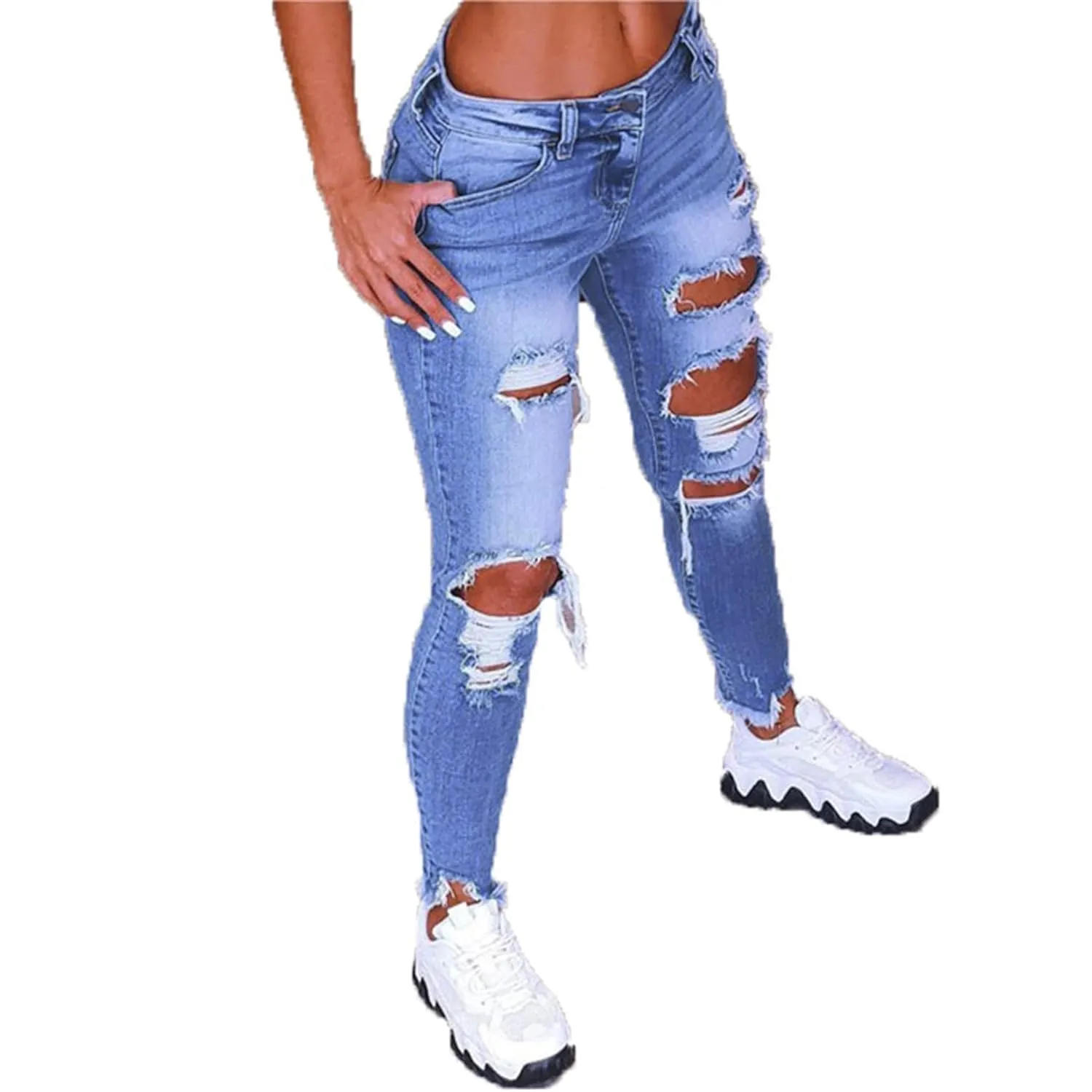 Women's Skinny Slim Fit Ripped Jean Distressed Boyfriend Jean Super Stretchy Comfy Classic Straight Denim Pant with Hole (Medium,Light Blue)
