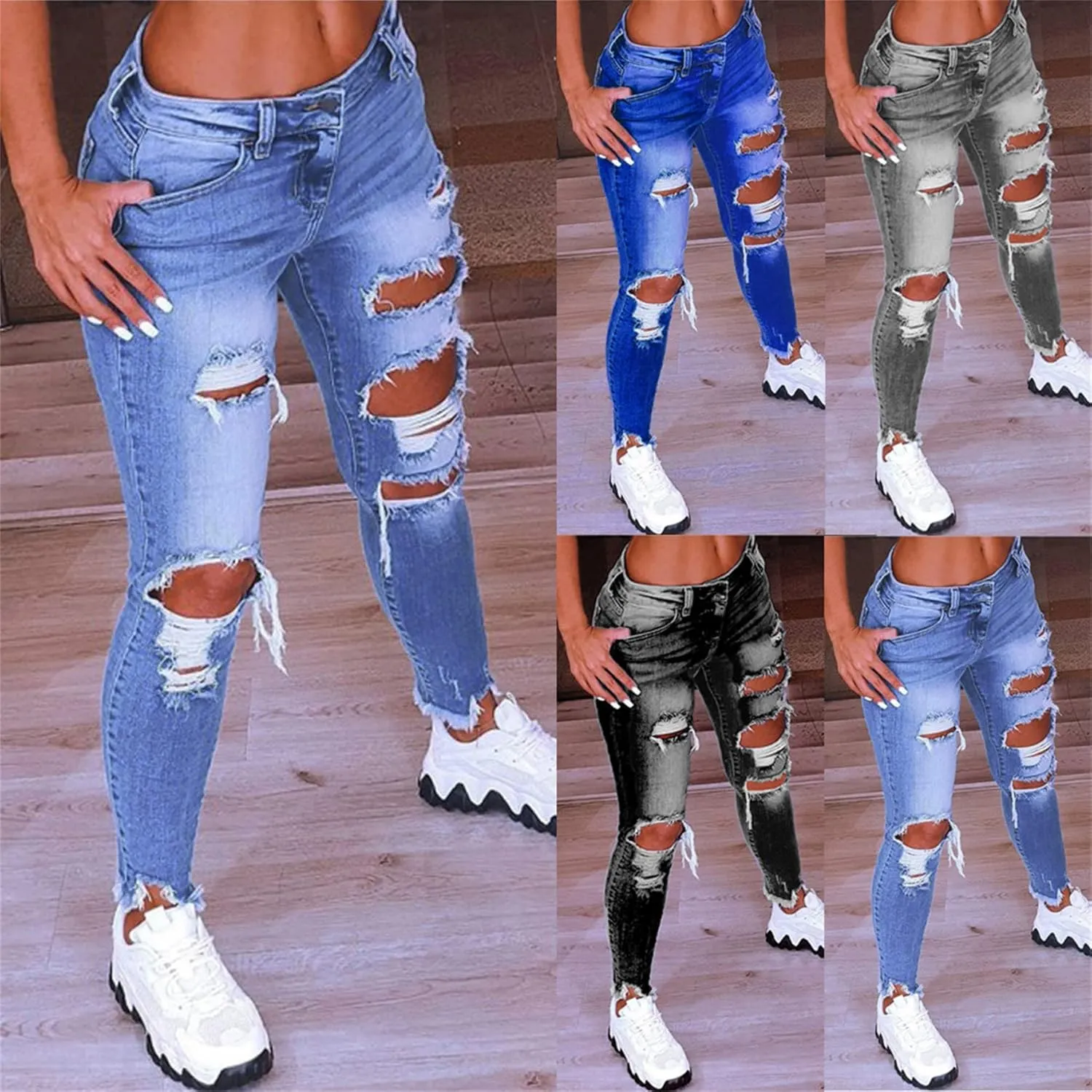Women's Skinny Slim Fit Ripped Jean Distressed Boyfriend Jean Super Stretchy Comfy Classic Straight Denim Pant with Hole (Medium,Light Blue)