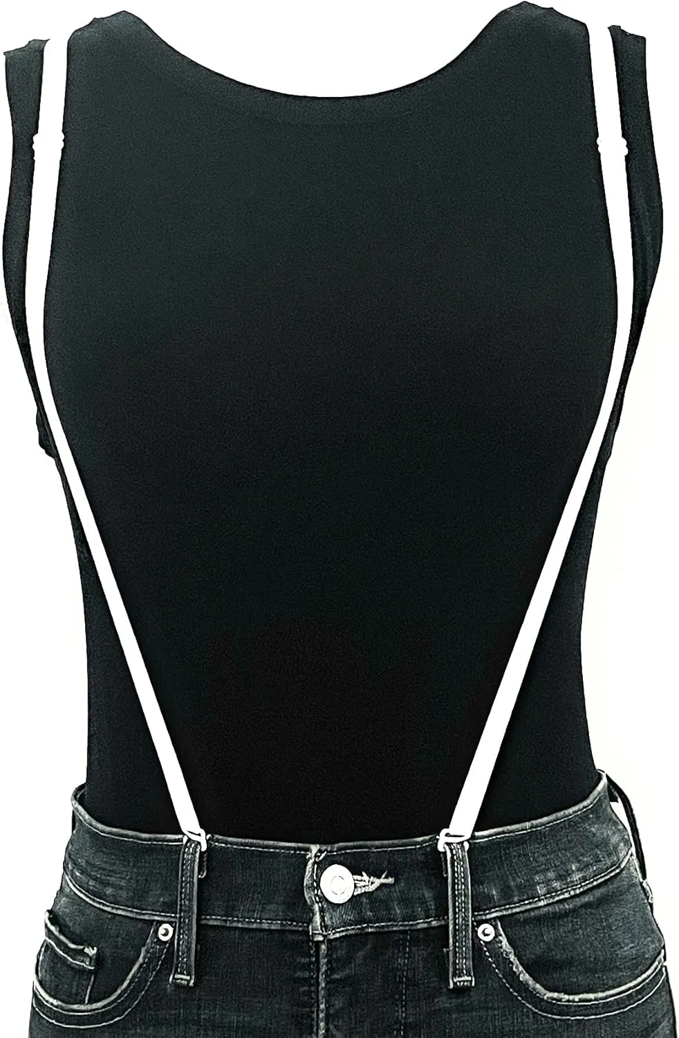 Womens Suspenders for Pants with Belt Loops, Y-Back Style, Butt Lifting Undergarment, White, No Suspender Clips.
