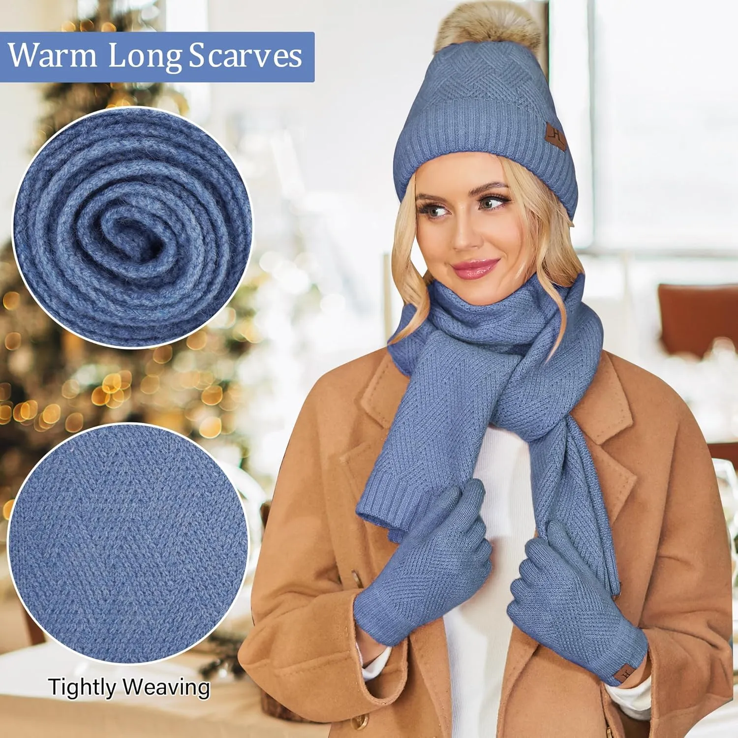 Womens Winter Warm Knit Beanie Hat Long Scarf Touchscreen Gloves Set with Fleece Lined Pom Skull Cap Gifts for Women