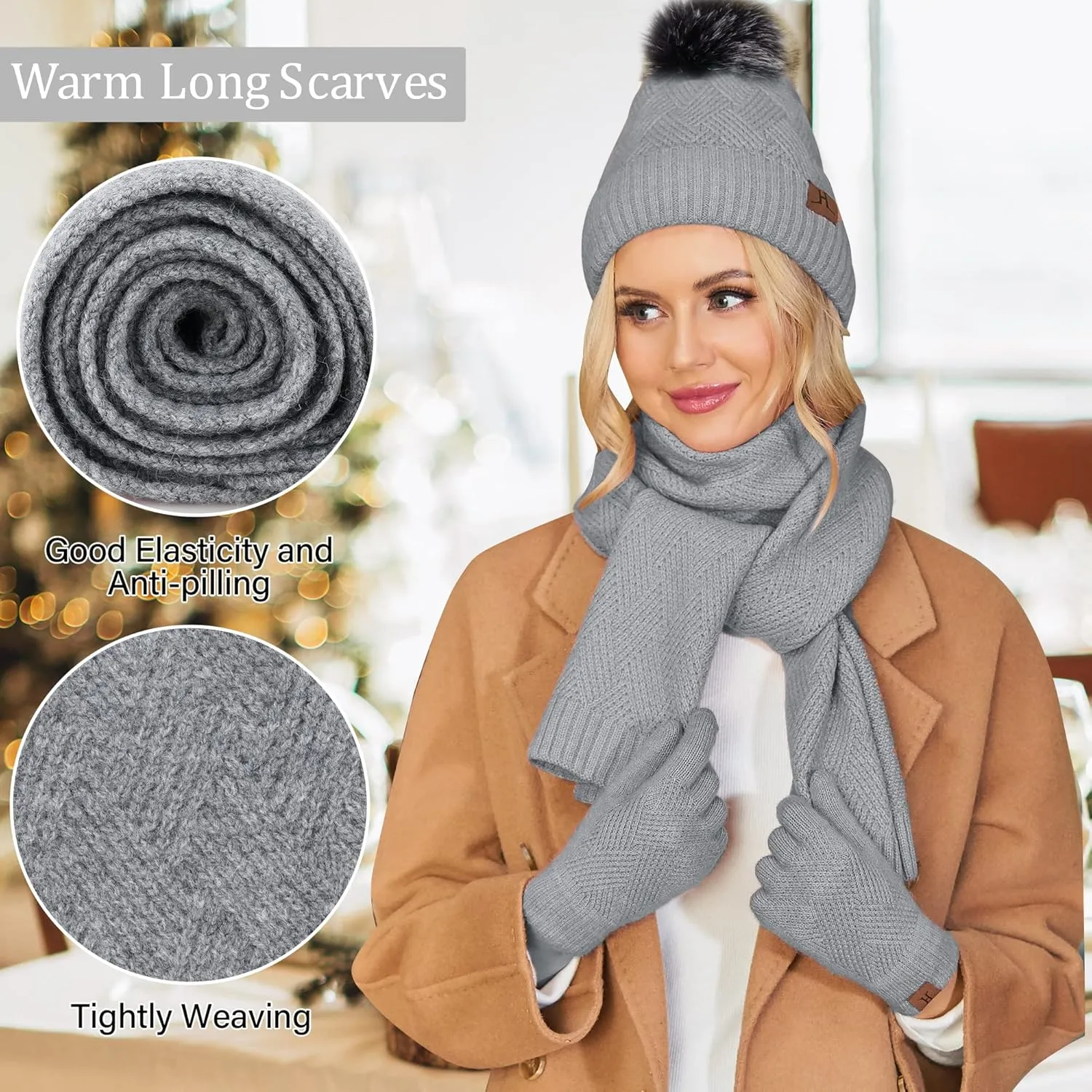 Womens Winter Warm Knit Beanie Hat Long Scarf Touchscreen Gloves Set with Fleece Lined Pom Skull Cap Gifts for Women