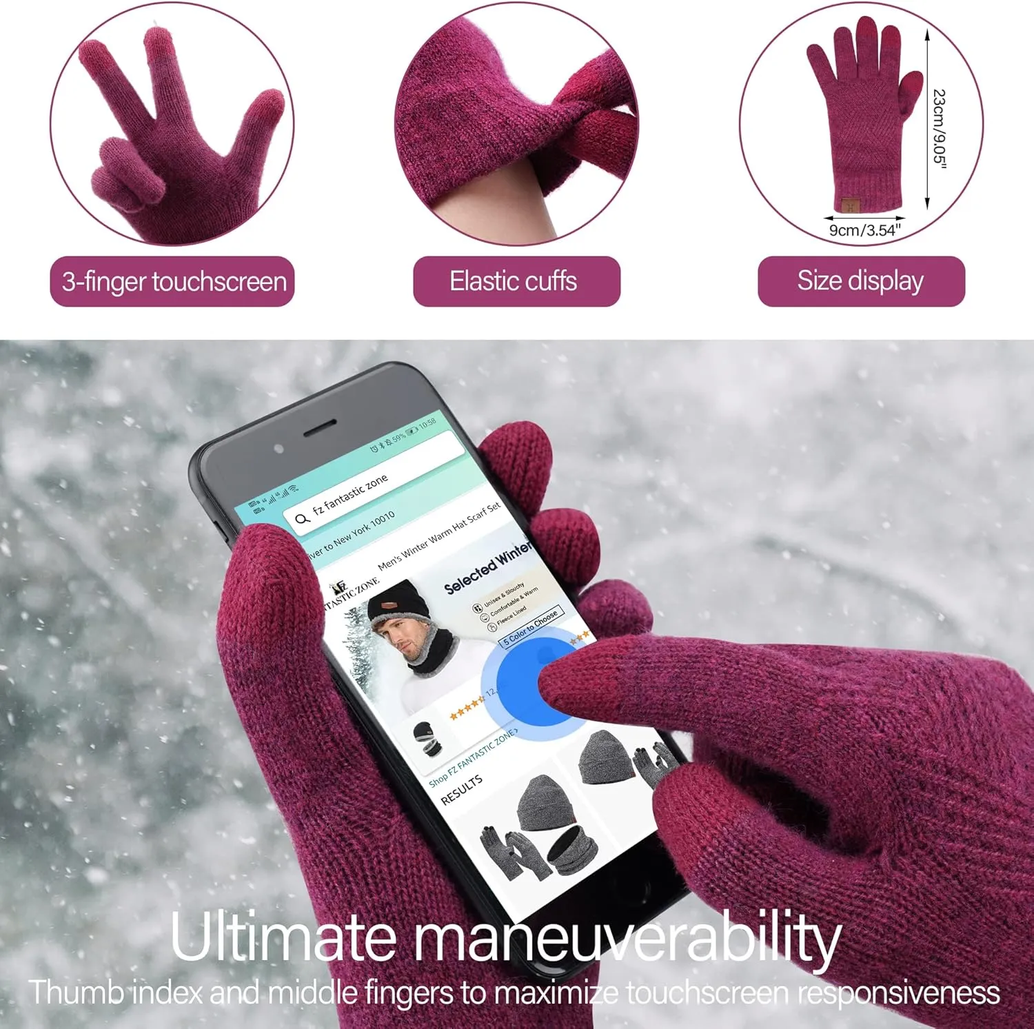 Womens Winter Warm Knit Beanie Hat Long Scarf Touchscreen Gloves Set with Fleece Lined Pom Skull Cap Gifts for Women