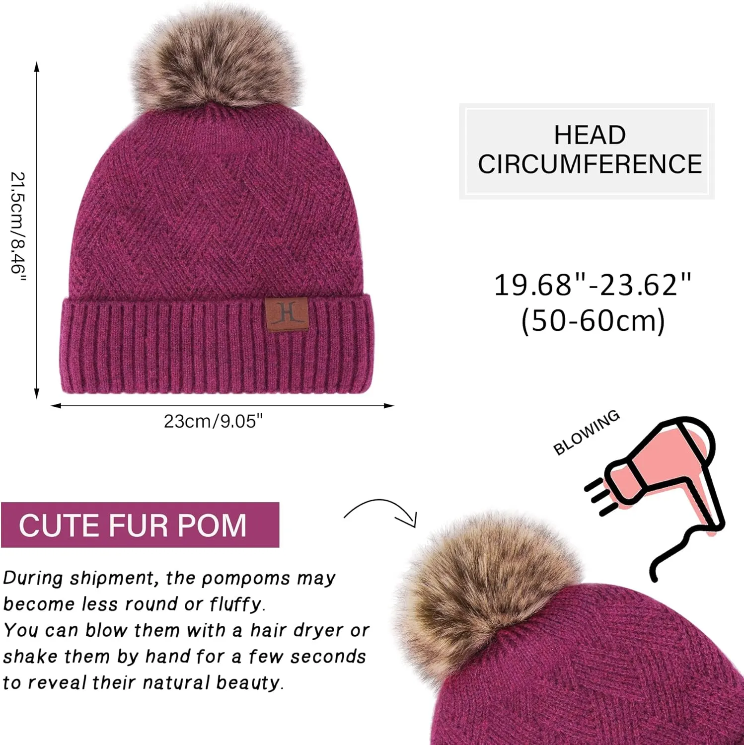 Womens Winter Warm Knit Beanie Hat Long Scarf Touchscreen Gloves Set with Fleece Lined Pom Skull Cap Gifts for Women