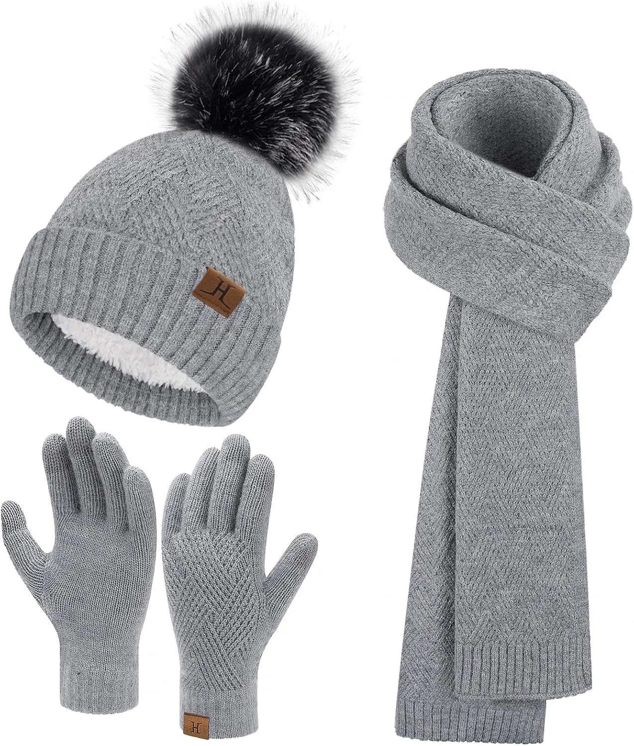 Womens Winter Warm Knit Beanie Hat Long Scarf Touchscreen Gloves Set with Fleece Lined Pom Skull Cap Gifts for Women
