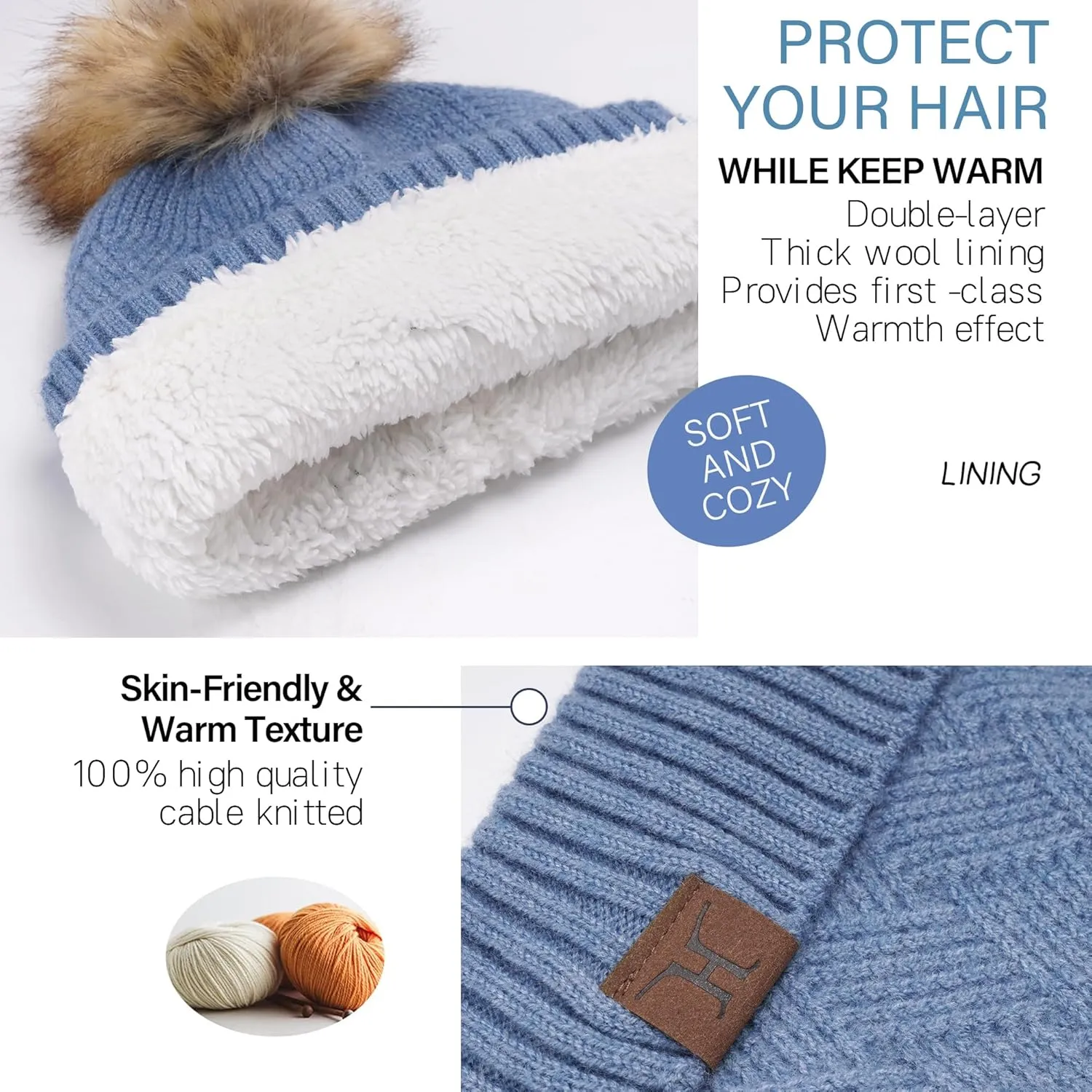 Womens Winter Warm Knit Beanie Hat Long Scarf Touchscreen Gloves Set with Fleece Lined Pom Skull Cap Gifts for Women