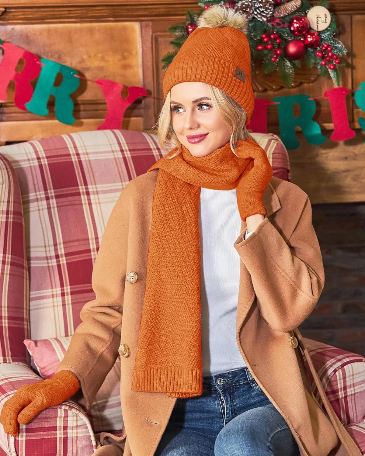 Womens Winter Warm Knit Beanie Hat Long Scarf Touchscreen Gloves Set with Fleece Lined Pom Skull Cap Gifts for Women