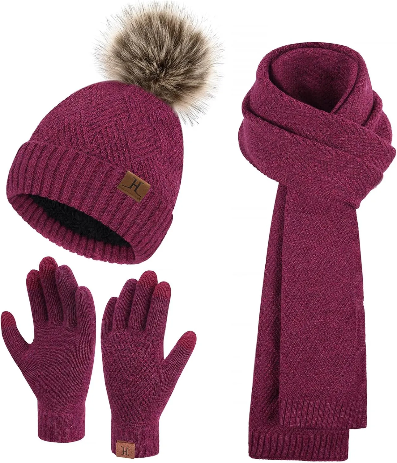 Womens Winter Warm Knit Beanie Hat Long Scarf Touchscreen Gloves Set with Fleece Lined Pom Skull Cap Gifts for Women