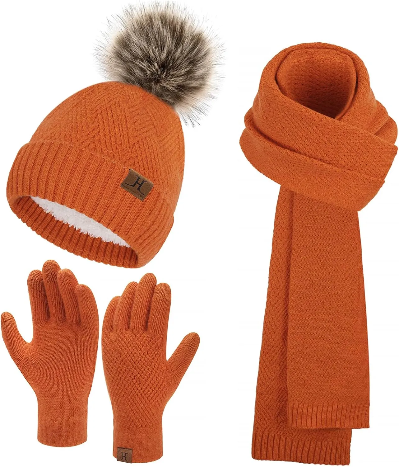 Womens Winter Warm Knit Beanie Hat Long Scarf Touchscreen Gloves Set with Fleece Lined Pom Skull Cap Gifts for Women
