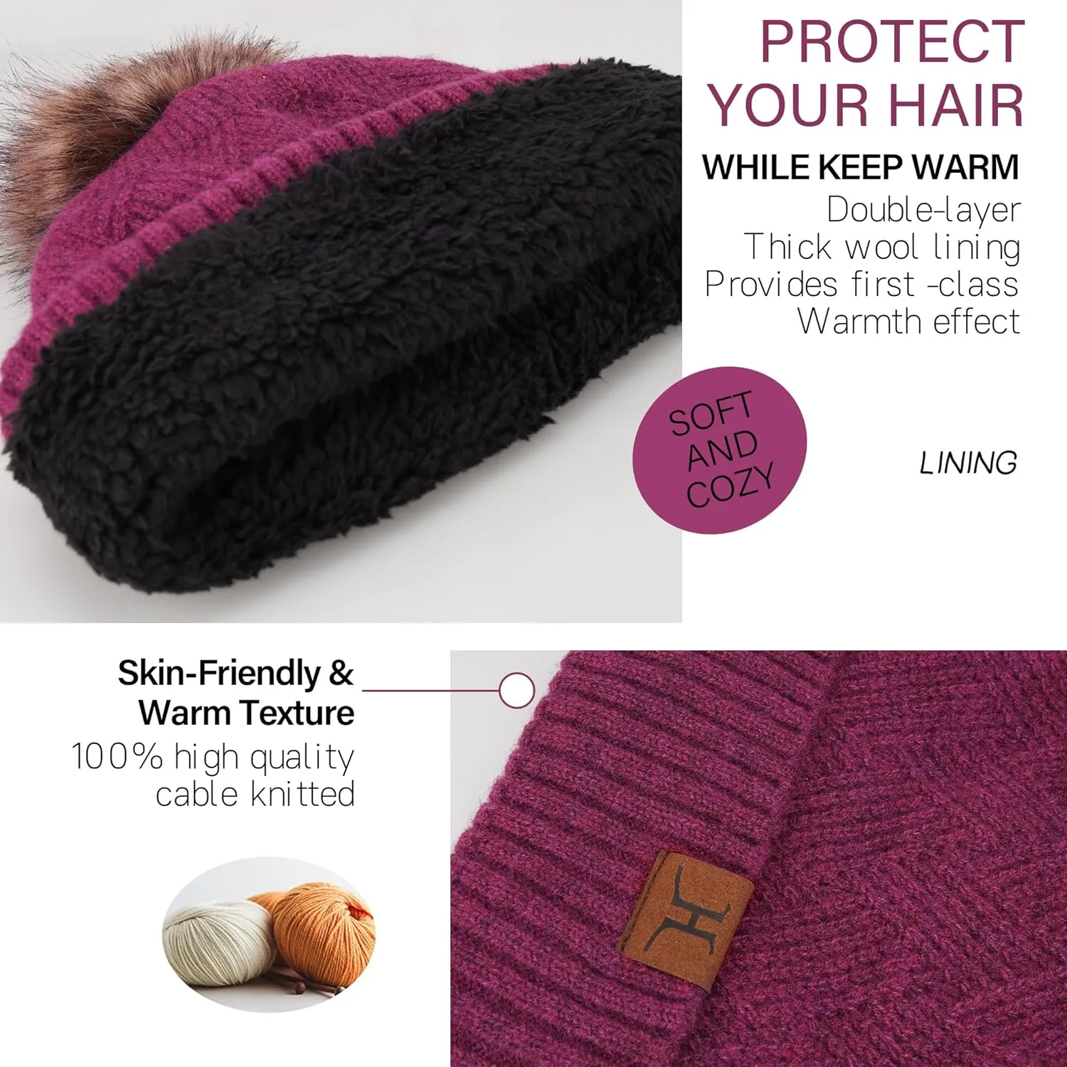 Womens Winter Warm Knit Beanie Hat Long Scarf Touchscreen Gloves Set with Fleece Lined Pom Skull Cap Gifts for Women