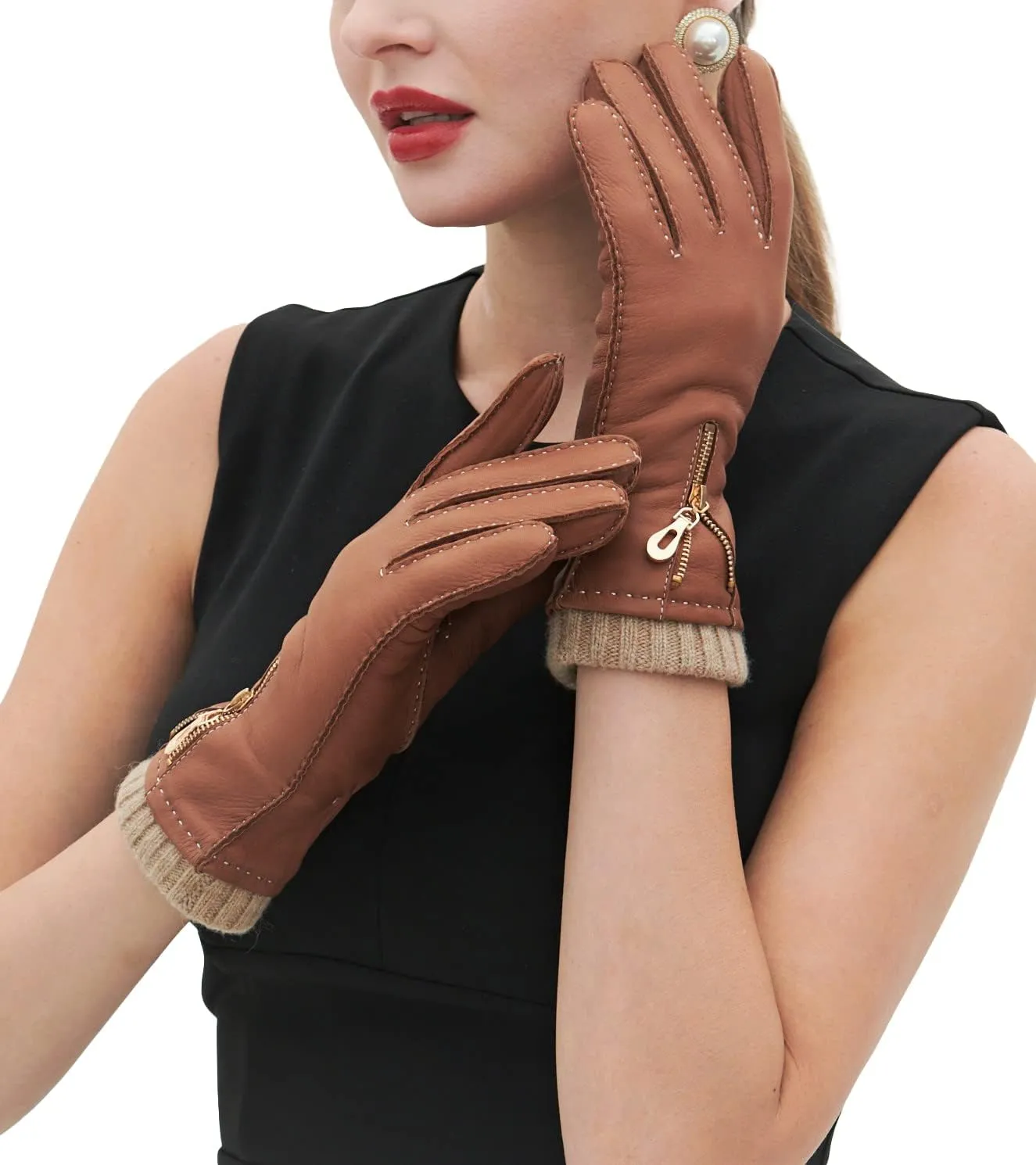 YISEVEN Women's Deerskin Leather Gloves Hand Sewn