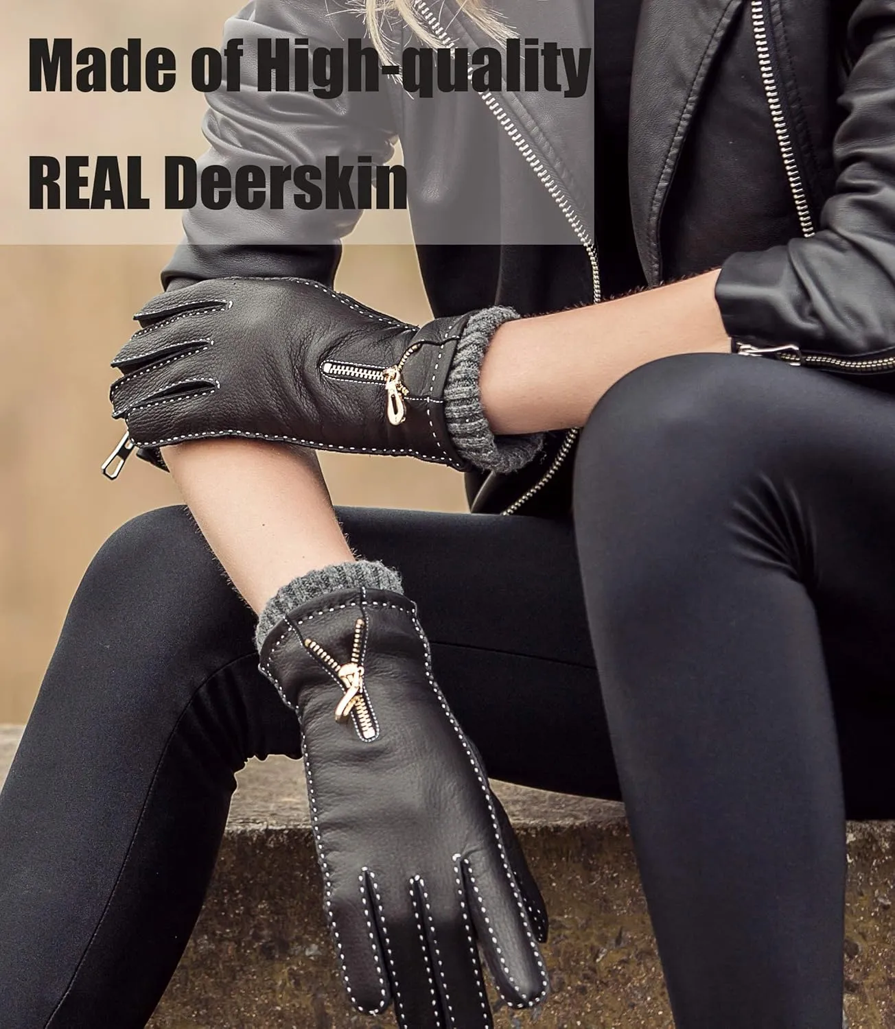 YISEVEN Women's Deerskin Leather Gloves Hand Sewn
